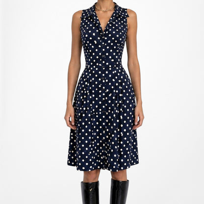 Vintage Y2K Blue Black Polka Dot Button Front Flared Pleated Dress Size M