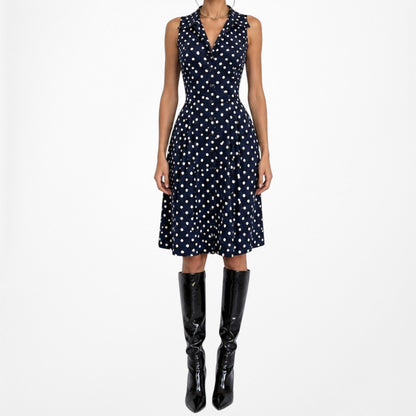 Vintage Y2K Blue Black Polka Dot Button Front Flared Pleated Dress Size M