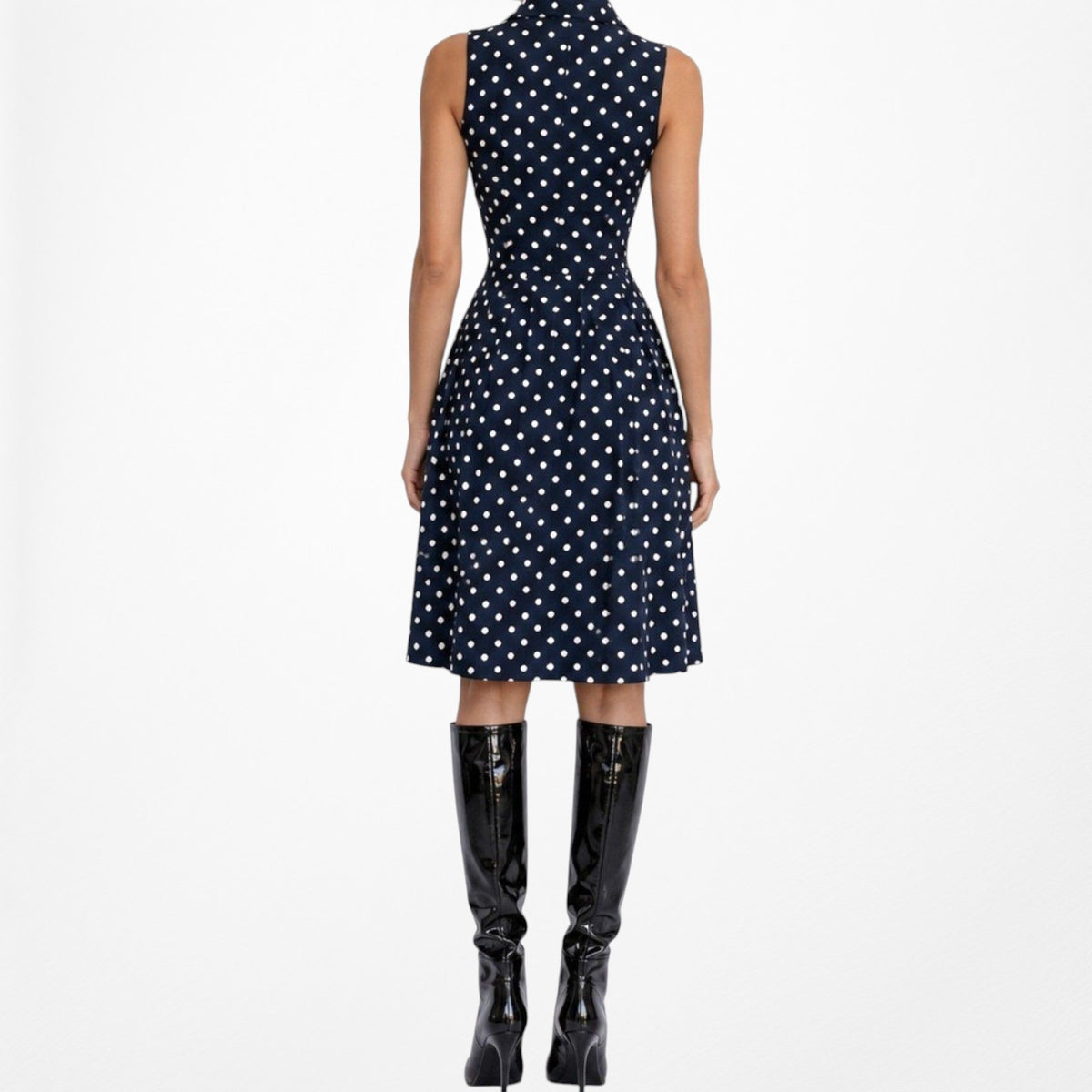 Vintage Y2K Blue Black Polka Dot Button Front Flared Pleated Dress Size M