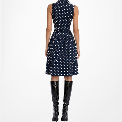 Vintage Y2K Blue Black Polka Dot Button Front Flared Pleated Dress Size M