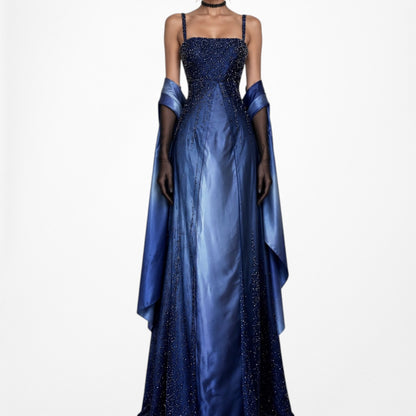 Vintage Y2K 90s Blue Satin Ombre Beaded Babydoll Prom Formal Maxi Dress Size M