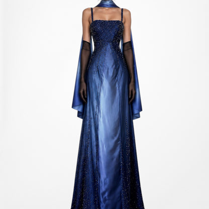 Vintage Y2K 90s Blue Satin Ombre Beaded Babydoll Prom Formal Maxi Dress Size M