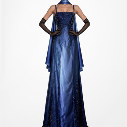 Vintage Y2K 90s Blue Satin Ombre Beaded Babydoll Prom Formal Maxi Dress Size M