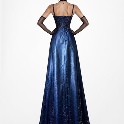 Vintage Y2K 90s Blue Satin Ombre Beaded Babydoll Prom Formal Maxi Dress Size M