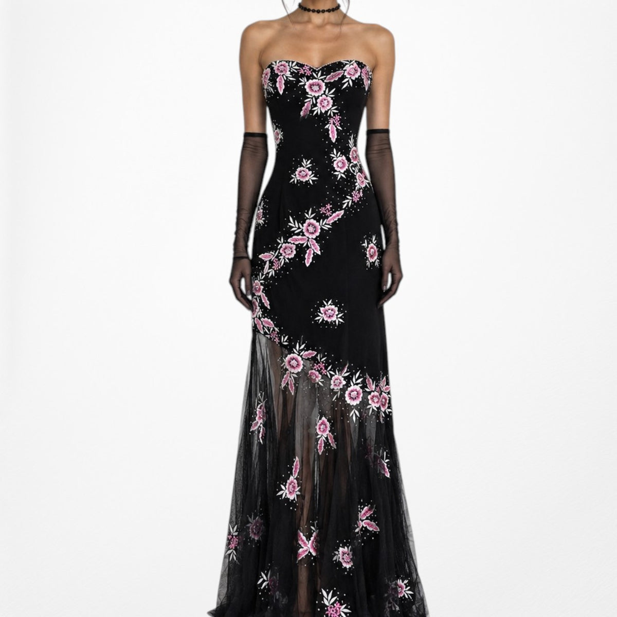 Vintage Black Strapless Floral Beaded Sheer Tulle Maxi Bodycon Prom Dress M