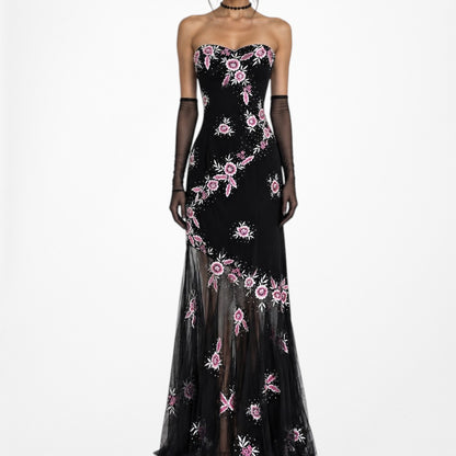 Vintage Black Strapless Floral Beaded Sheer Tulle Maxi Bodycon Prom Dress M