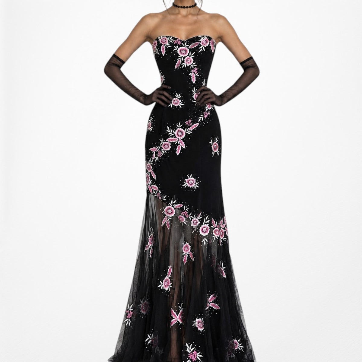 Vintage Black Strapless Floral Beaded Sheer Tulle Maxi Bodycon Prom Dress M