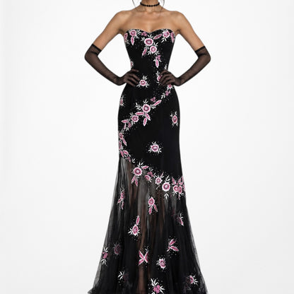 Vintage Black Strapless Floral Beaded Sheer Tulle Maxi Bodycon Prom Dress M