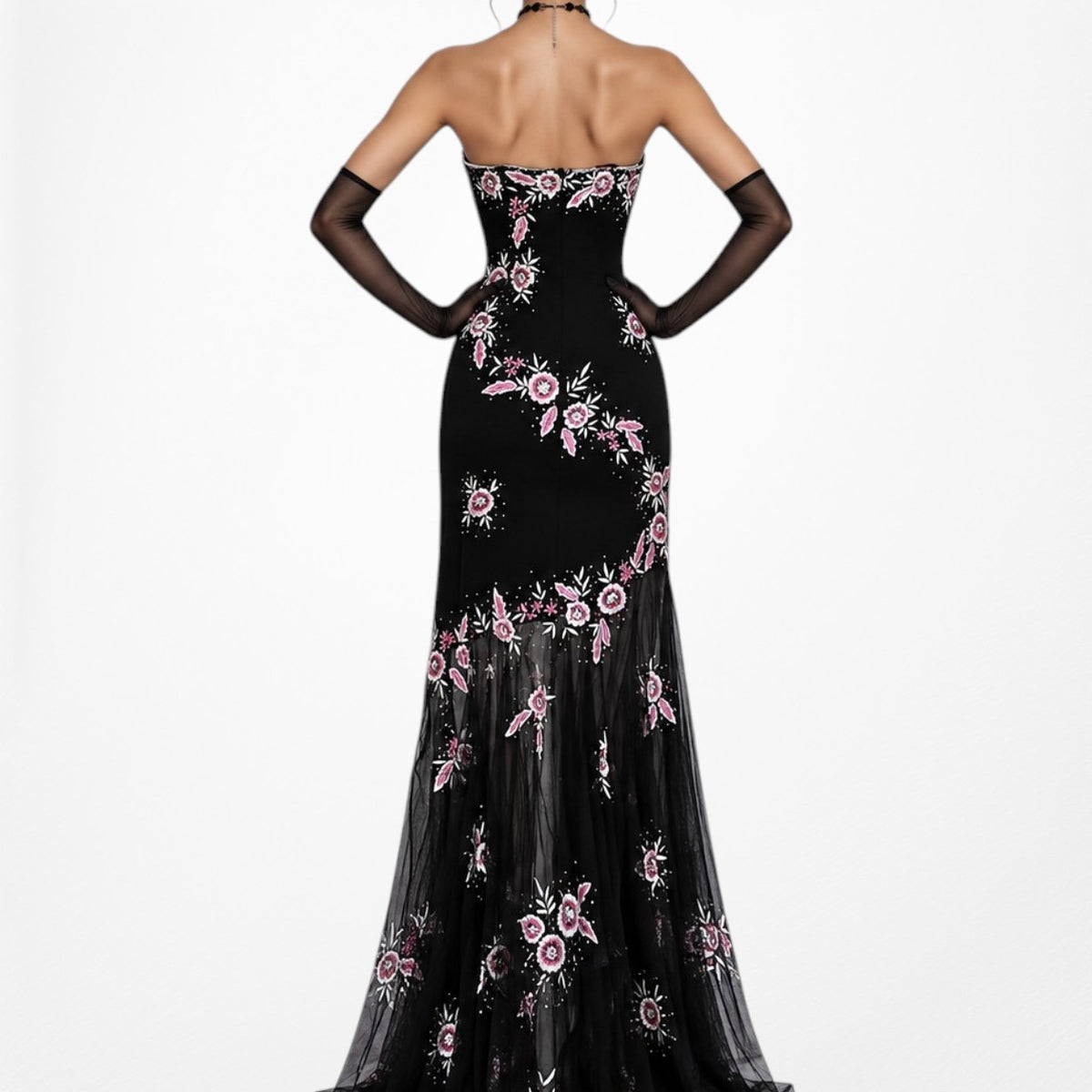 Vintage Black Strapless Floral Beaded Sheer Tulle Maxi Bodycon Prom Dress M