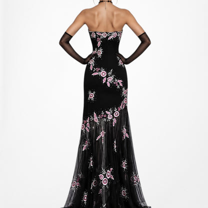 Vintage Black Strapless Floral Beaded Sheer Tulle Maxi Bodycon Prom Dress M