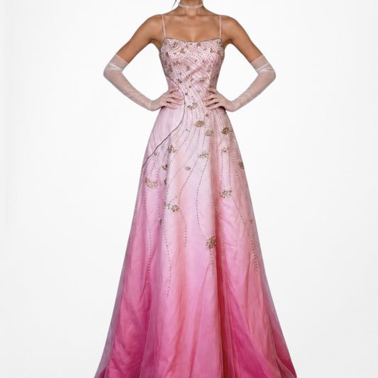 Vintage Y2K Pink Ombre Floral Beaded Mesh Flared Formal Maxi Prom Dress Size M/L