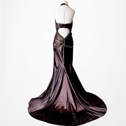 Vintage Brown Halter Beaded Satin Fit Flared Pleated Maxi Prom Dress Size L/XL