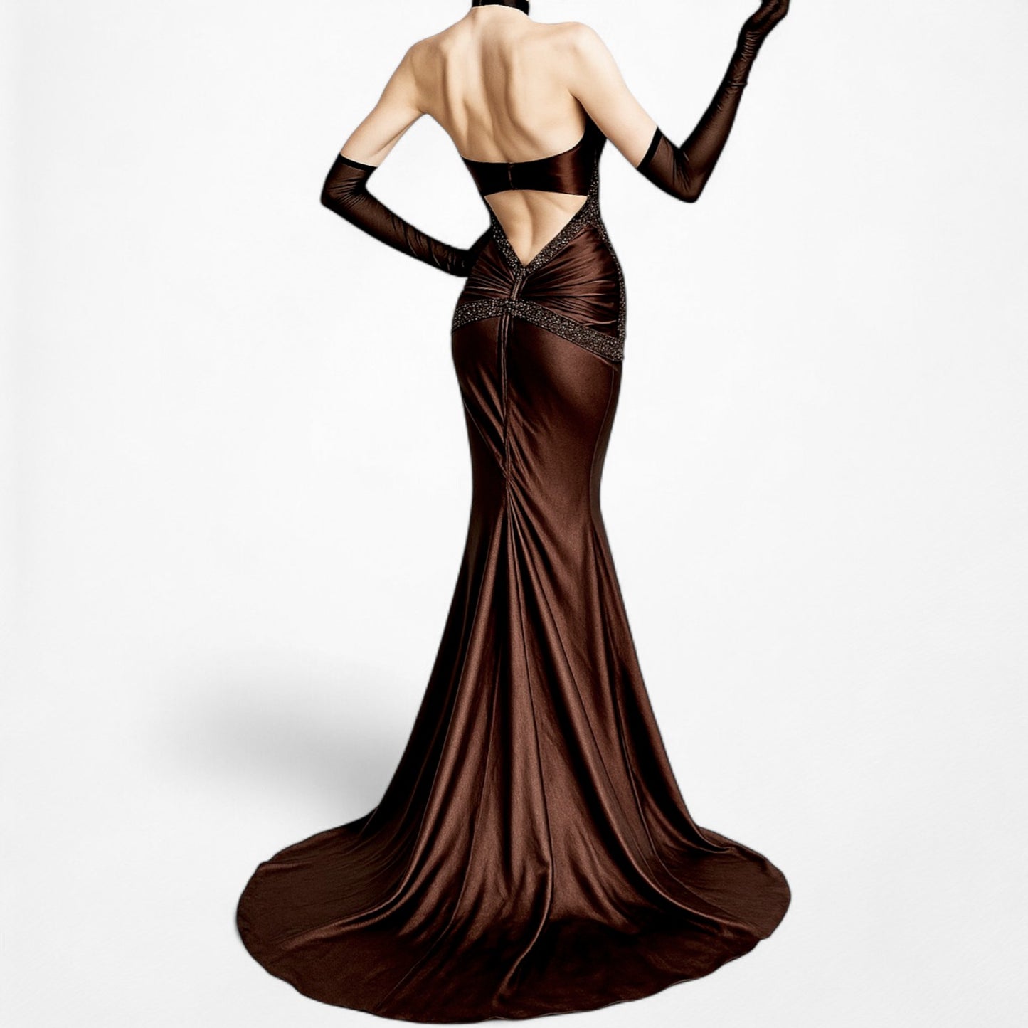 Vintage Brown Halter Beaded Satin Fit Flared Pleated Maxi Prom Dress Size L/XL