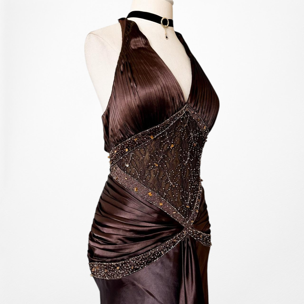 Vintage Brown Halter Beaded Satin Fit Flared Pleated Maxi Prom Dress Size L/XL