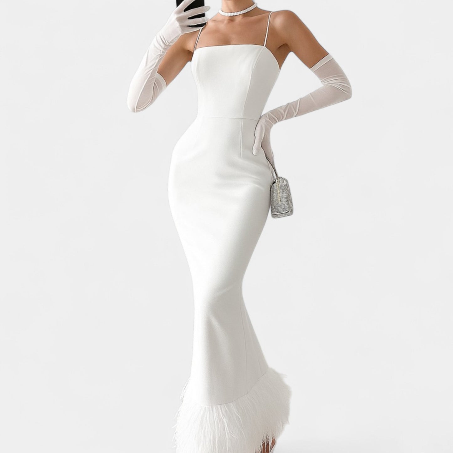 Anthropologie White Feather Bodycon Formal Cocktail Prom Midi Dress Size S