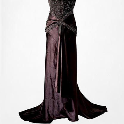 Vintage Brown Halter Beaded Satin Fit Flared Pleated Maxi Prom Dress Size L/XL