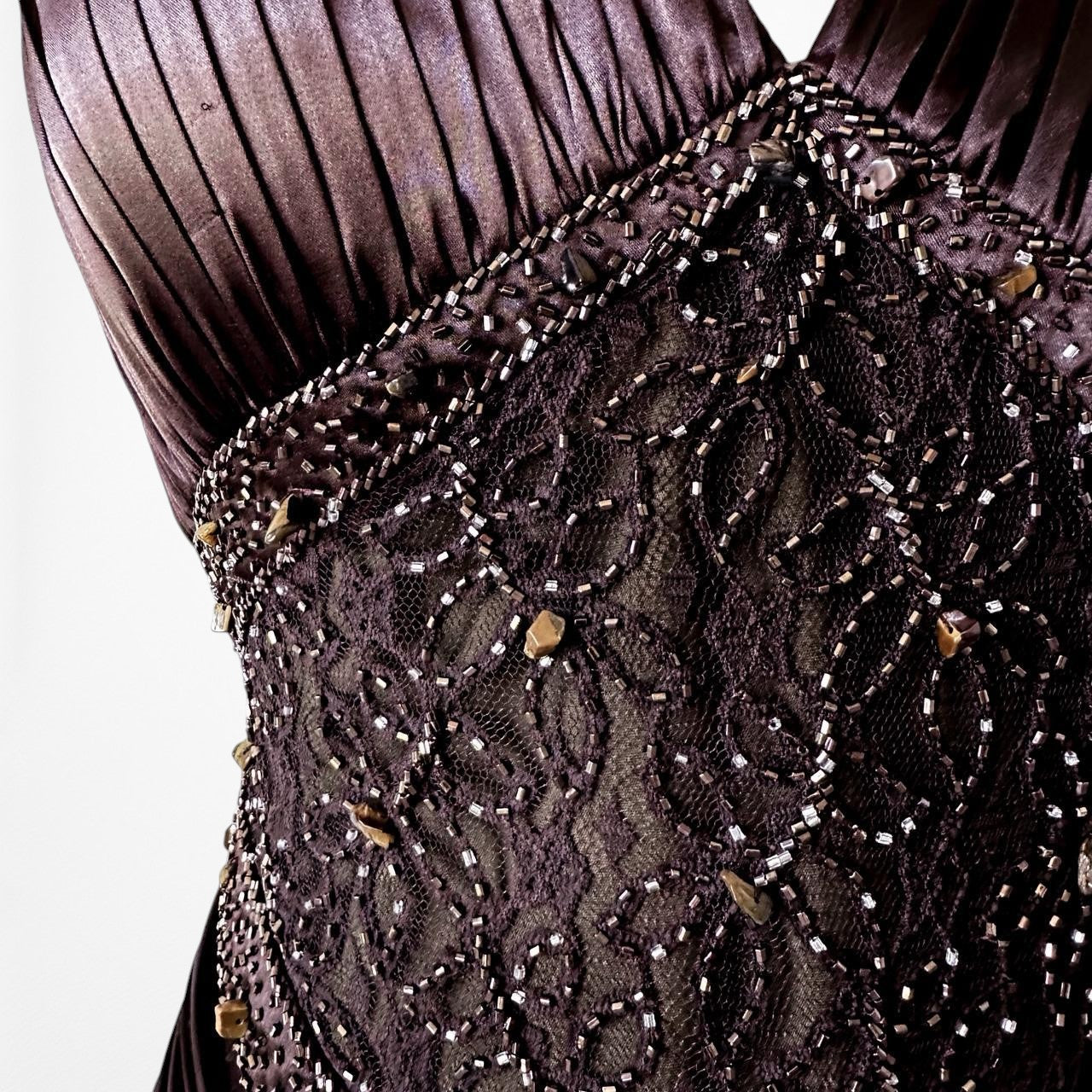 Vintage Brown Halter Beaded Satin Fit Flared Pleated Maxi Prom Dress Size L/XL