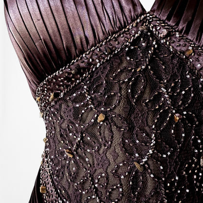 Vintage Brown Halter Beaded Satin Fit Flared Pleated Maxi Prom Dress Size L/XL