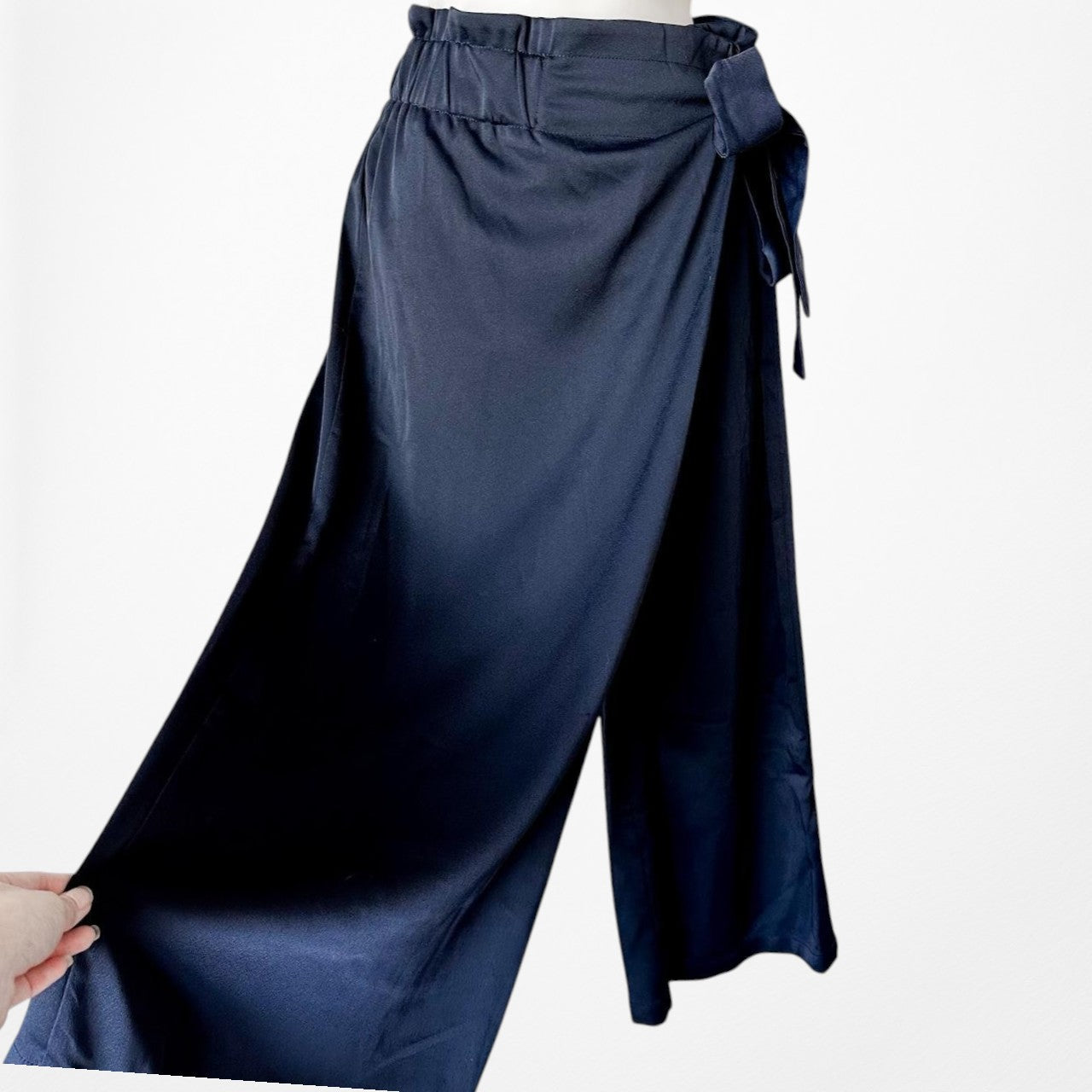 Mango Navy Blue Cropped High Waisted Wrapped Capri Wide Leg Pants Size XS