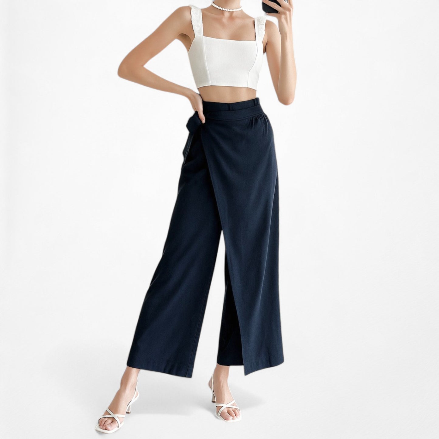 Mango Navy Blue Cropped High Waisted Wrapped Capri Wide Leg Pants Size XS