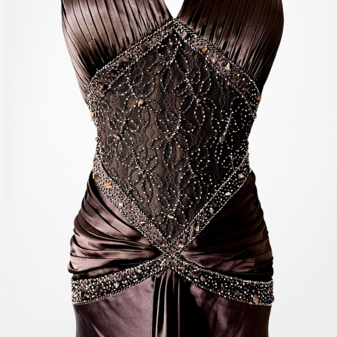 Vintage Brown Halter Beaded Satin Fit Flared Pleated Maxi Prom Dress Size L/XL