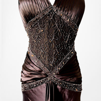 Vintage Brown Halter Beaded Satin Fit Flared Pleated Maxi Prom Dress Size L/XL