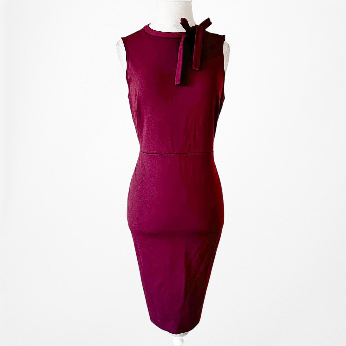 Vintage Y2K Burgundy Red Knit Knee Length Bow Bodycon Cocktail Dress Size M