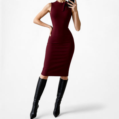 Vintage Y2K Burgundy Red Knit Knee Length Bow Bodycon Cocktail Dress Size M