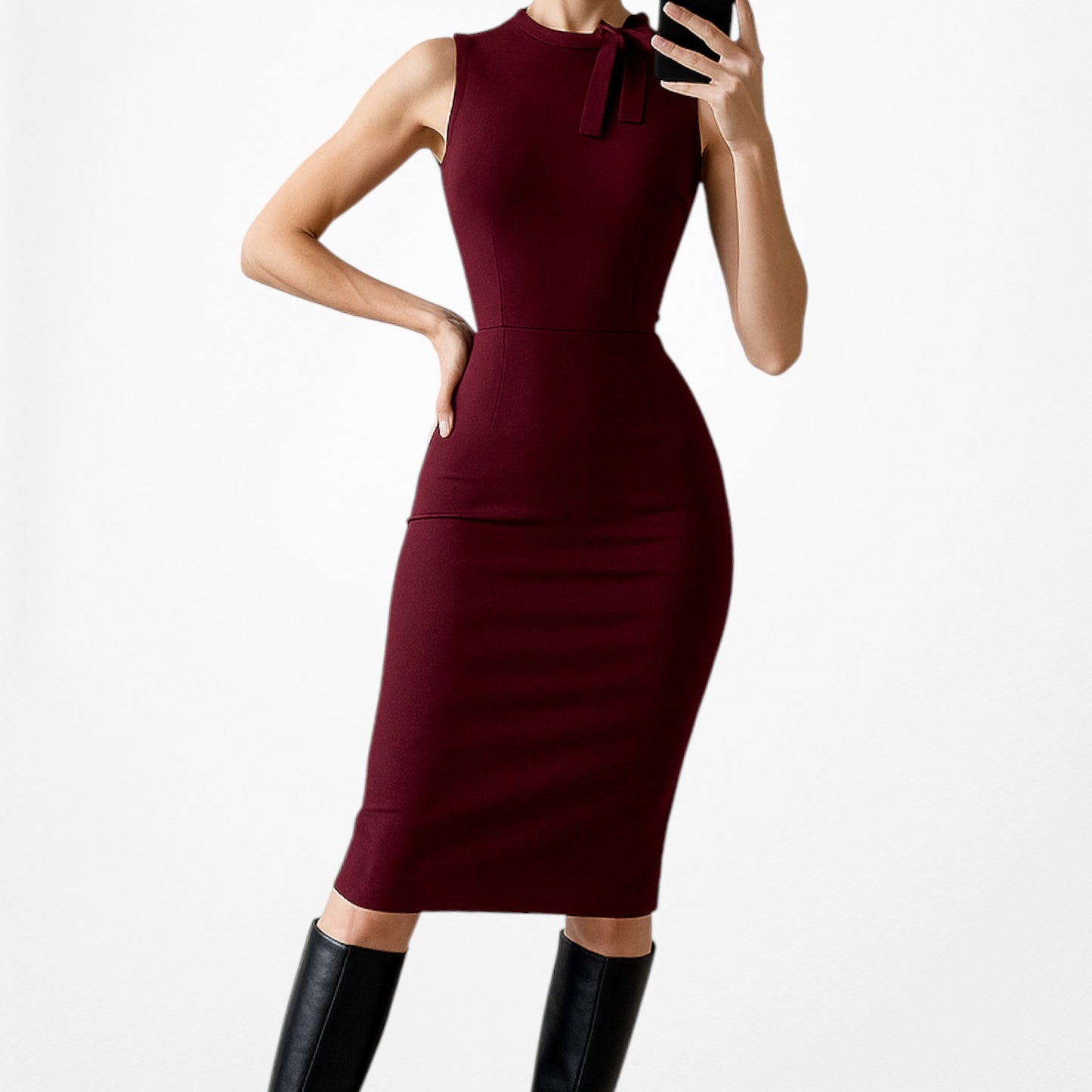 Vintage Y2K Burgundy Red Knit Knee Length Bow Bodycon Cocktail Dress Size M
