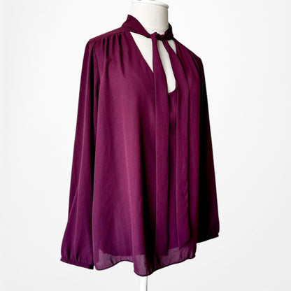 Adrienne Vittadini Purple Long Sleeve Neck Tie Chiffon Blouse Top Size M