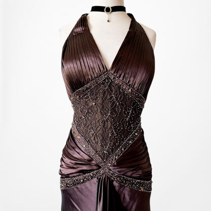Vintage Brown Halter Beaded Satin Fit Flared Pleated Maxi Prom Dress Size L/XL