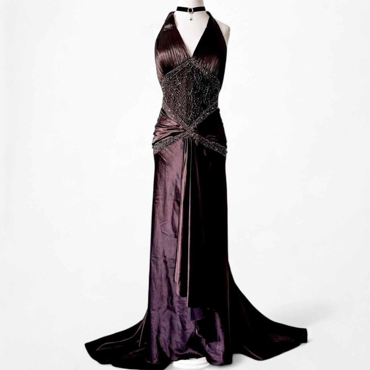 Vintage Brown Halter Beaded Satin Fit Flared Pleated Maxi Prom Dress Size L/XL