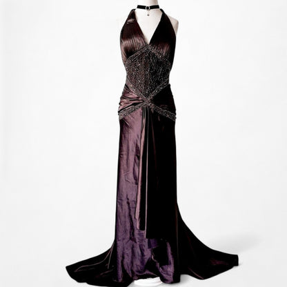 Vintage Brown Halter Beaded Satin Fit Flared Pleated Maxi Prom Dress Size L/XL