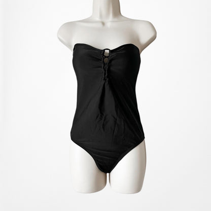 Black Strapless Lace Up Detail One Piece Bathing Swim Suit Size S/M