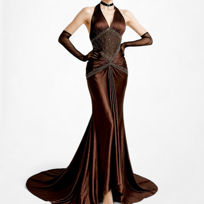 Vintage Brown Halter Beaded Satin Fit Flared Pleated Maxi Prom Dress Size L/XL