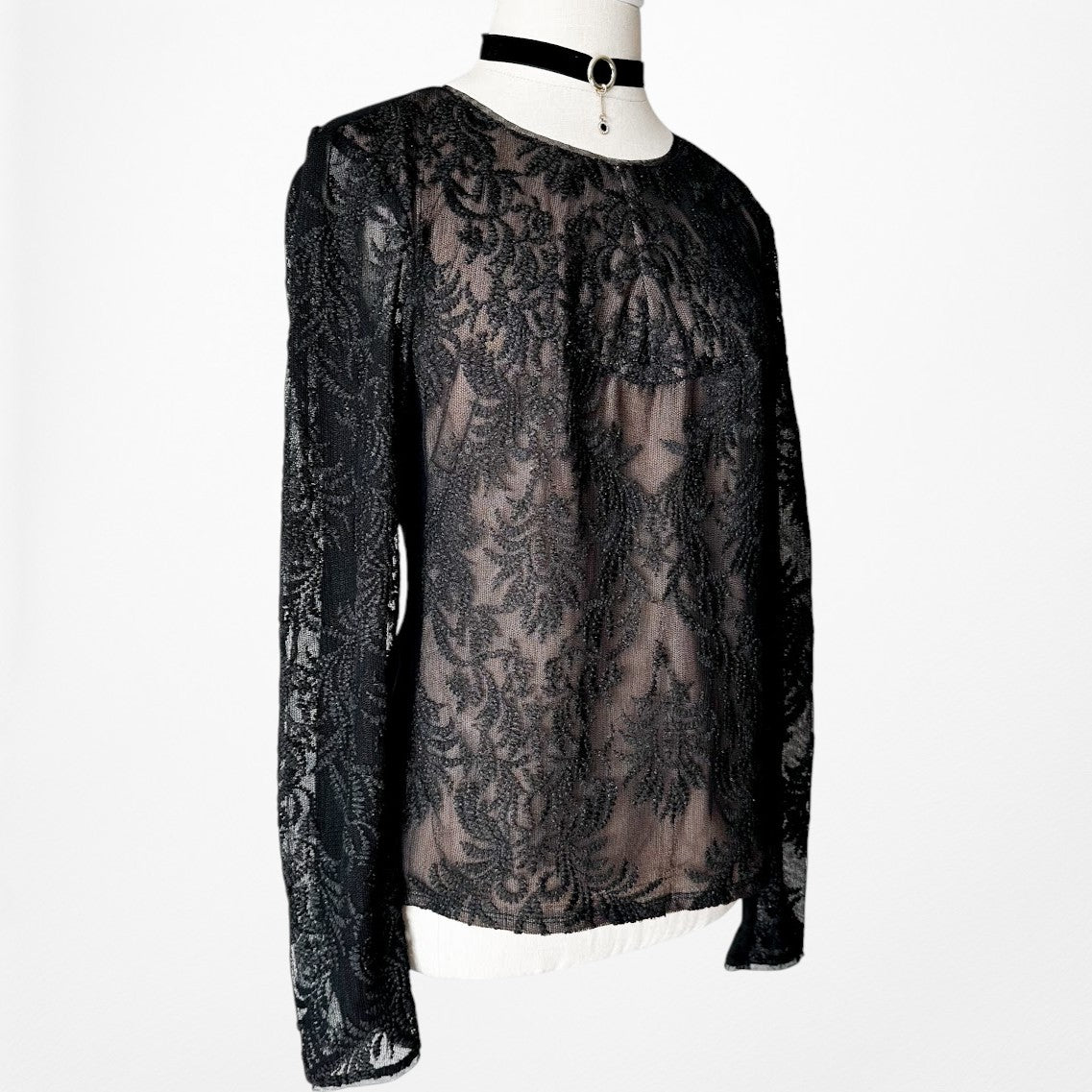 Vintage Y2K Black Long Sleeve Lace Embroidered Blouse Top Size S