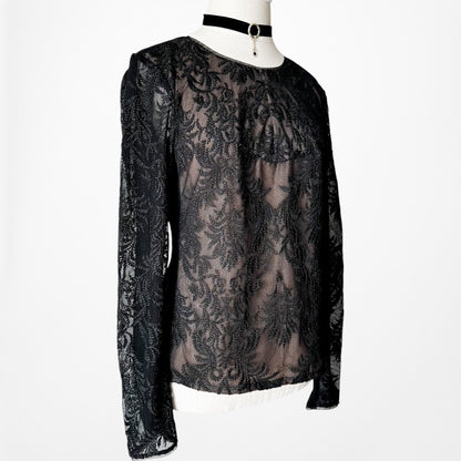 Vintage Y2K Black Long Sleeve Lace Embroidered Blouse Top Size S