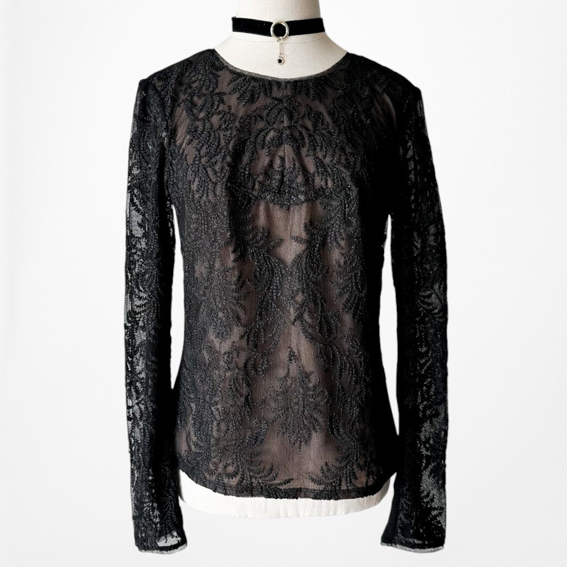Vintage Y2K Black Long Sleeve Lace Embroidered Blouse Top Size S