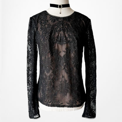 Vintage Y2K Black Long Sleeve Lace Embroidered Blouse Top Size S