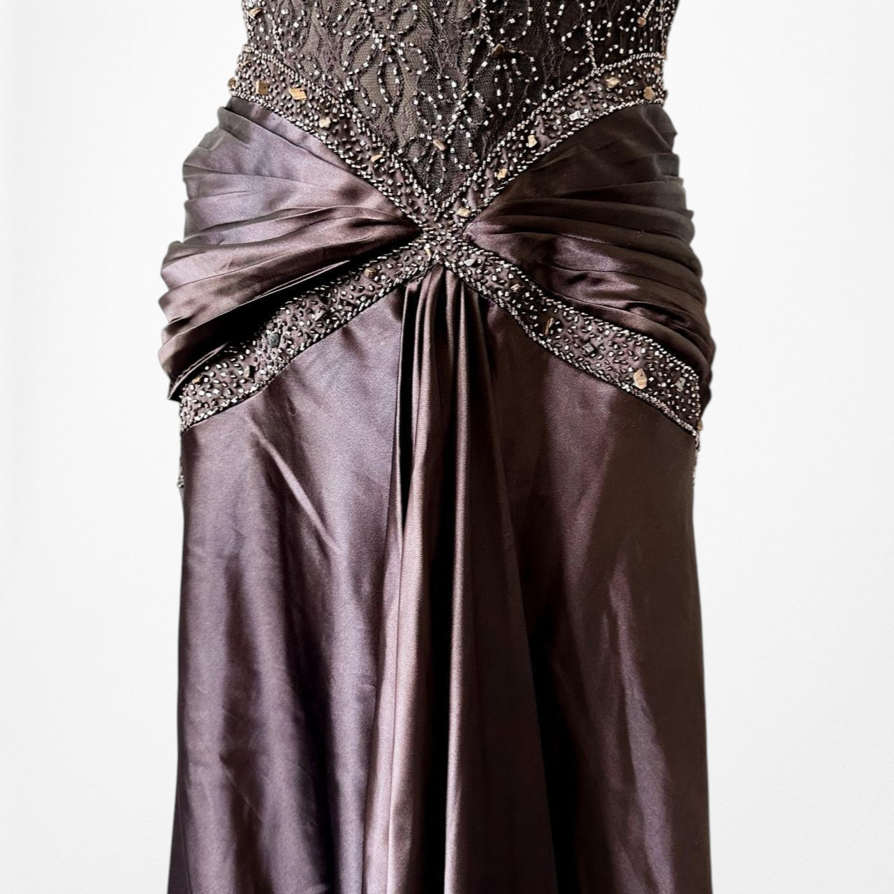 Vintage Brown Halter Beaded Satin Fit Flared Pleated Maxi Prom Dress Size L/XL