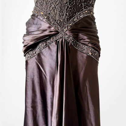 Vintage Brown Halter Beaded Satin Fit Flared Pleated Maxi Prom Dress Size L/XL