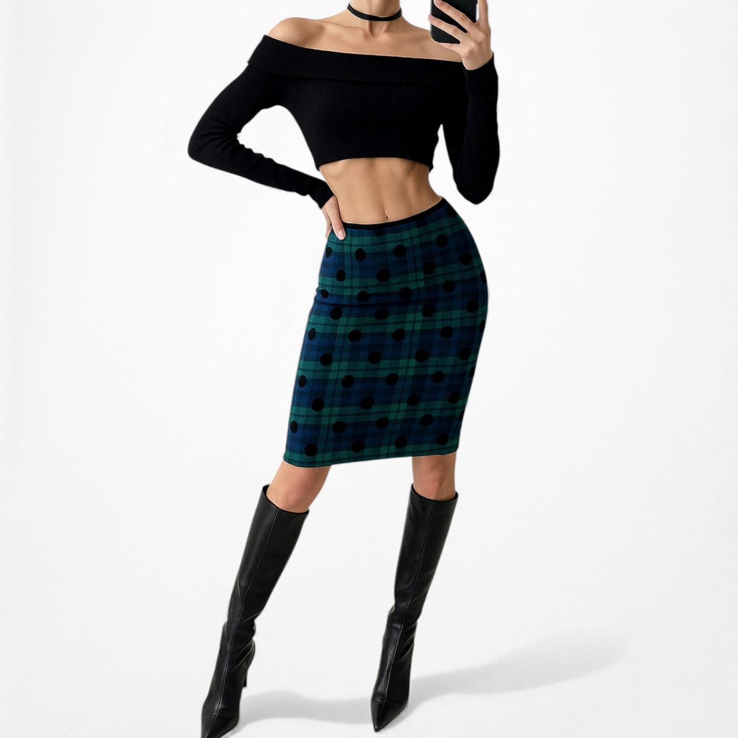 Vintage Y2K Blue Black Wool Blend Polka Dot Checkered Knee Length Pencil Skirt L