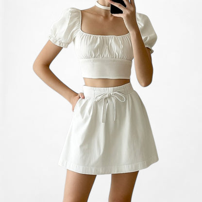 Vintage White High Drawstring Waist Front Pockets Mini Skirt Size XS/S