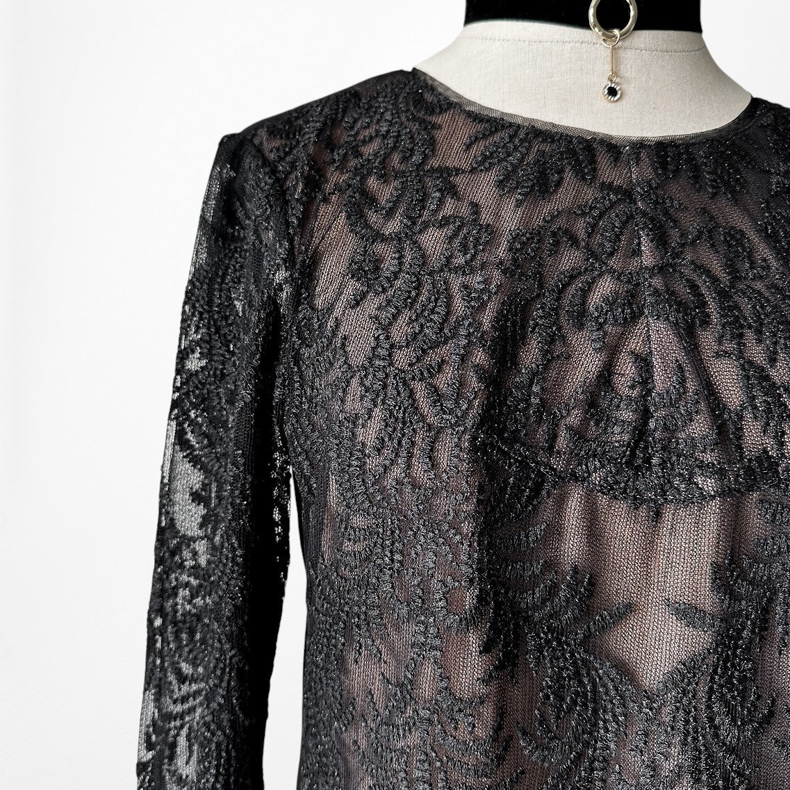 Vintage Y2K Black Long Sleeve Lace Embroidered Blouse Top Size S